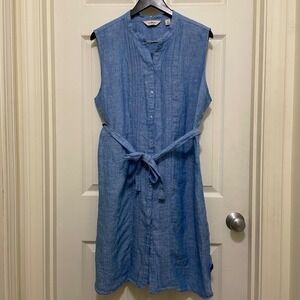 LL Bean 100% Linen Sleeveless Button Up Pintuck Dress Blue‎ Belt Pockets Sz 20P